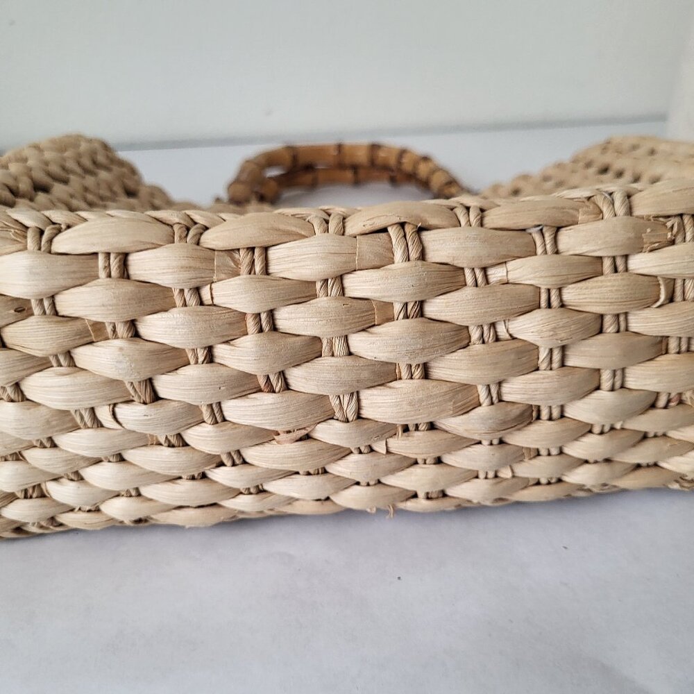 Vintage Raffia Woven Handbag Denim Lining Bamboo Handles - Picture 8 of 10